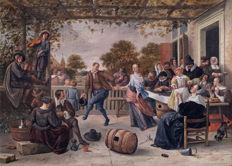 A terrace with a couple dancing to a pipe and fiddle, Jan Steen